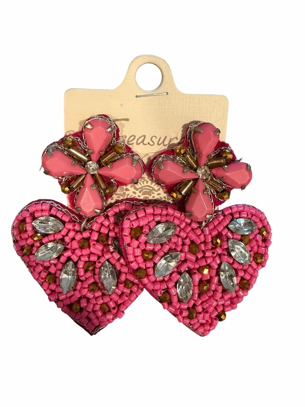 Pink Beaded Heart Drop Earrings with Flower Stud